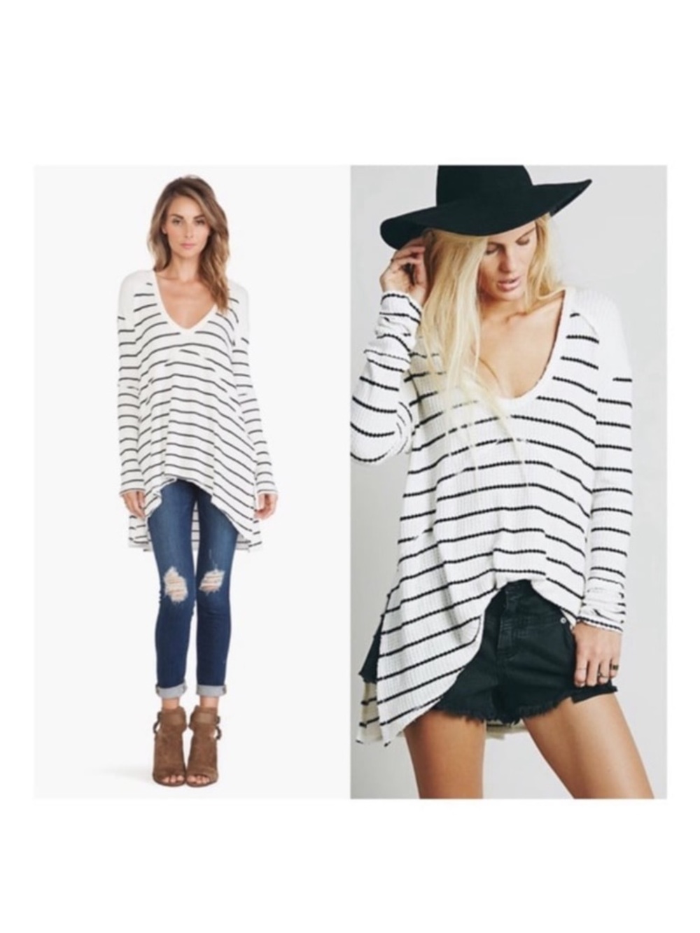 Free People Sunset Park Thermal Top Striped V-Neck Oversized Tunic White Black M